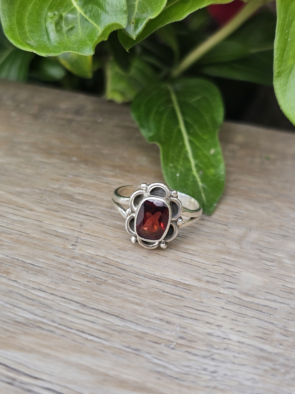 Sterling Silver Garnet-Color Floral Halo Ring